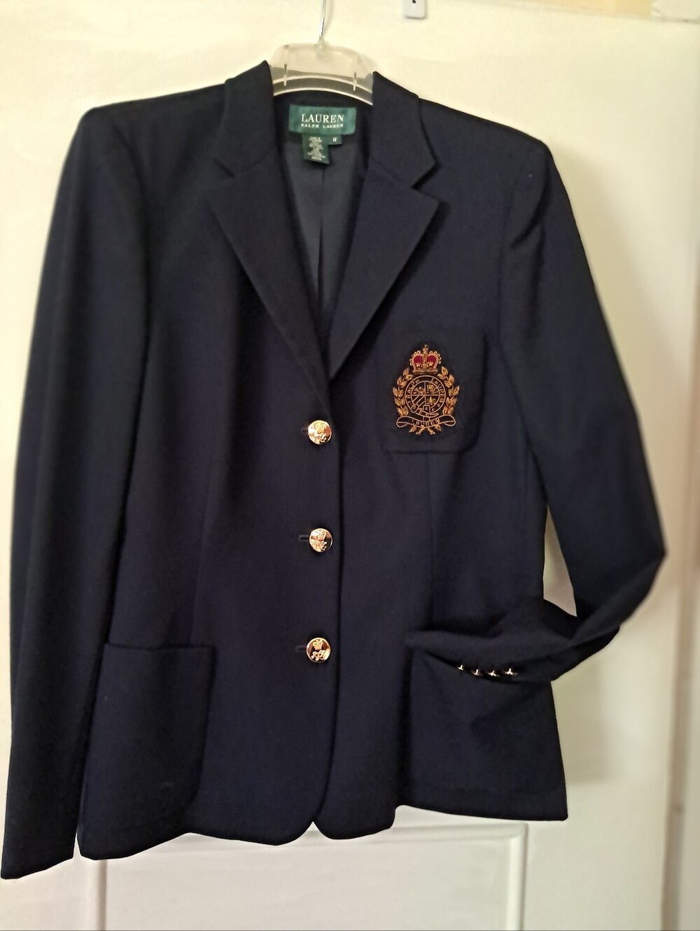 VTG Lauren Ralph Lauren Navy Crest Wool Blazer with Gold Buttons Sz 12
